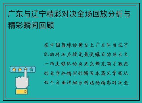 广东与辽宁精彩对决全场回放分析与精彩瞬间回顾